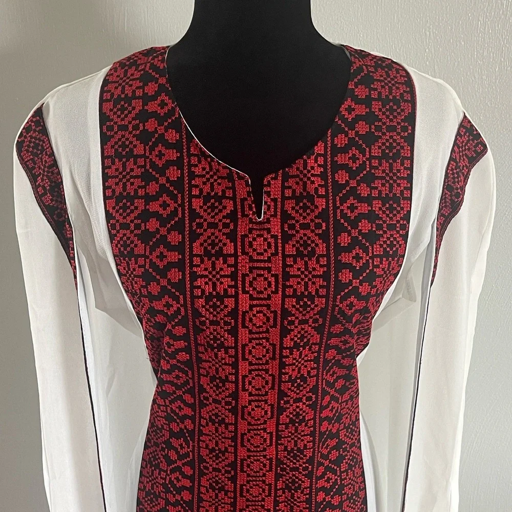 Red Black Embroidered Maxi Kaftan Dress with White Cape Overlay Size M - Picture 4 of 7